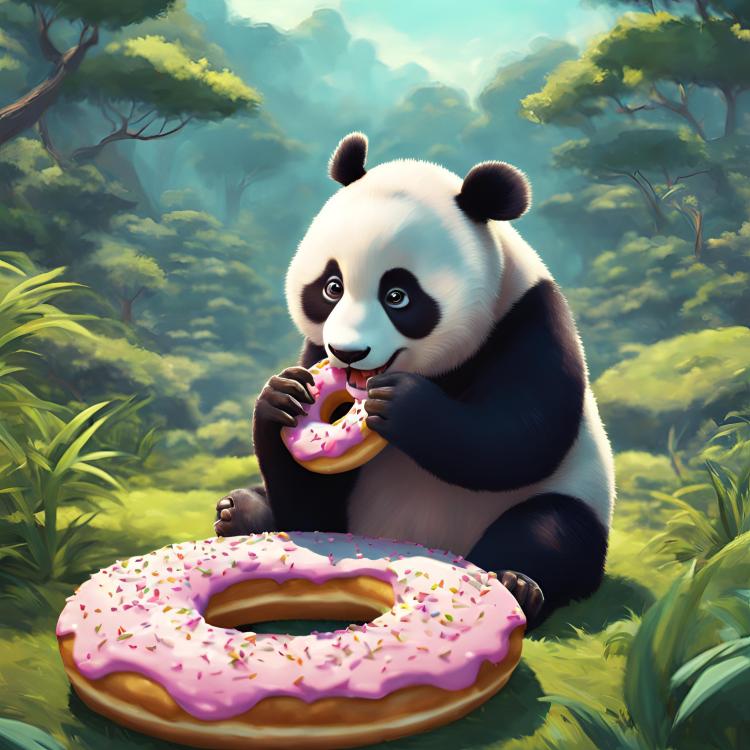 Panda eating donut, asian landscape, clarity, high resolution, bright, Pixar style animation, animation, .jpg