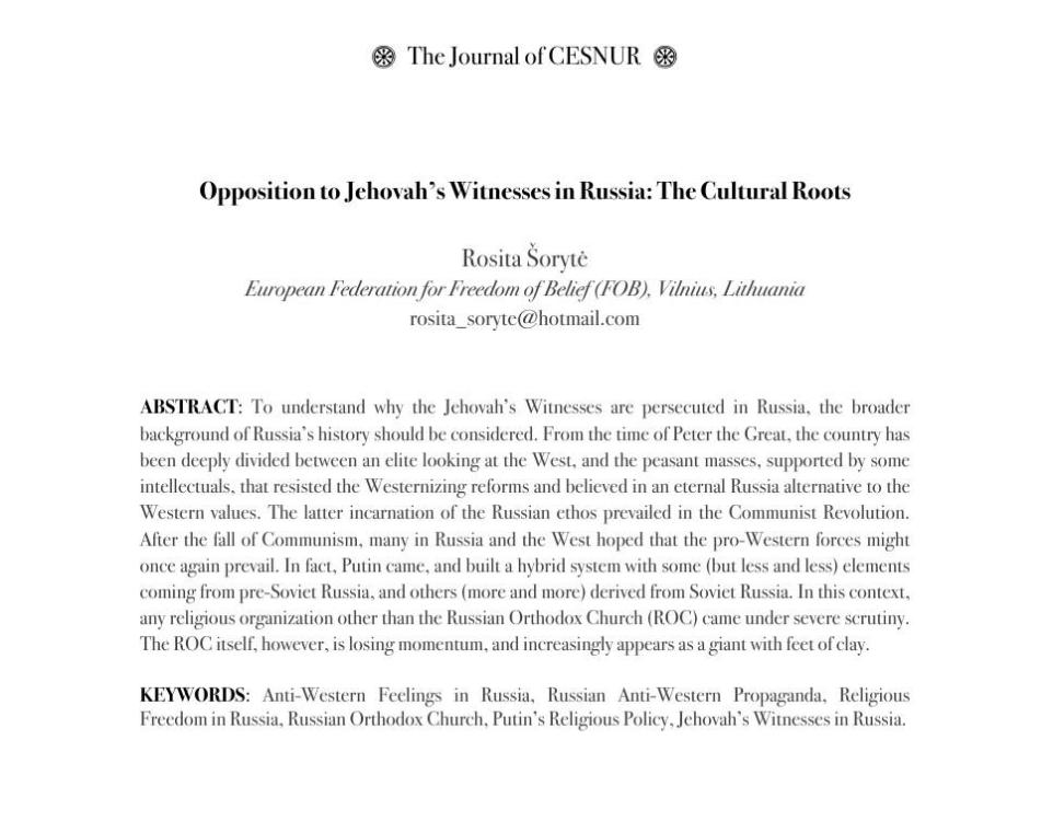 CESNUR —Opposition to Jehovah’s Witnesses in Russia∶ The Cultural Roots • [Abstract and Keywords - (full document 101 pgs)].jpg