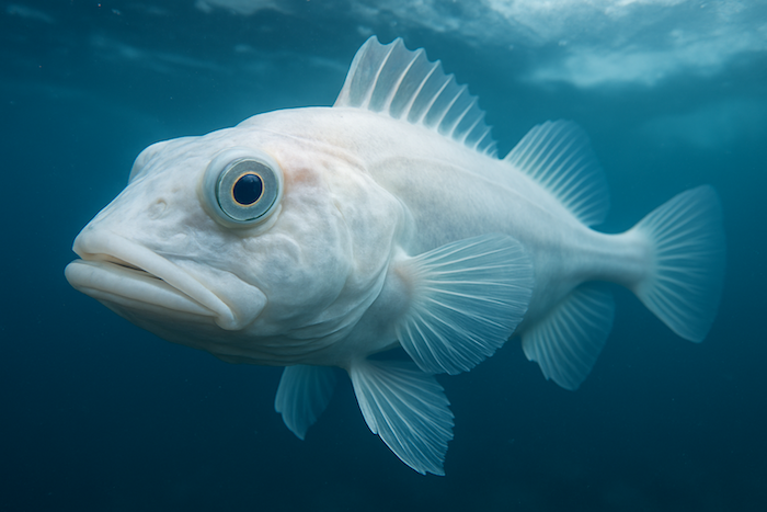 The Antarctic icefish — pale, nearly translucent, with clear blood that carries oxygen without hemoglobin