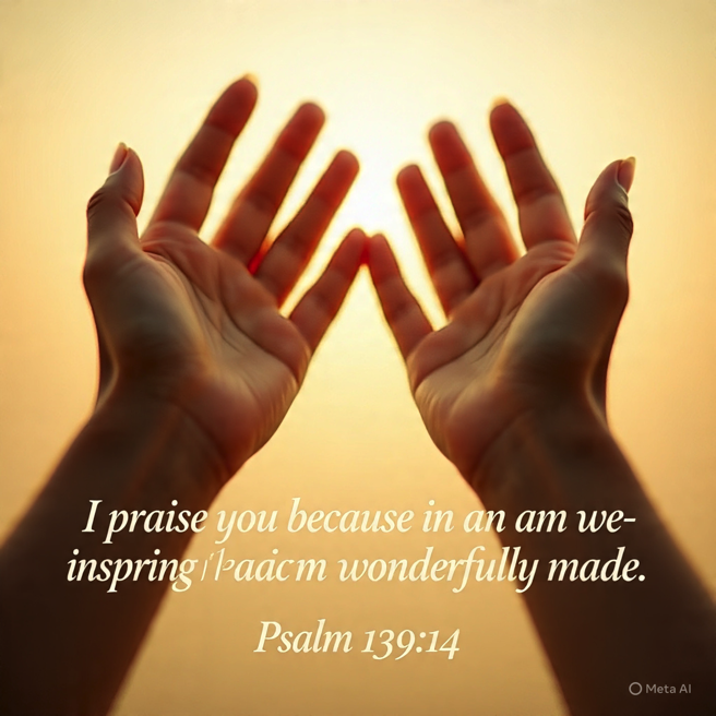 Hands raised in gratitude beneath open sky, with Psalm 139:14 reminding us of Jehovah’s marvelous design.