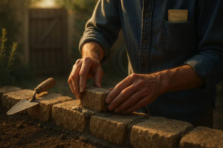 Morning light on a pair of weathered hands setting a single stone into a small garden wall; dust motes glow in the air.