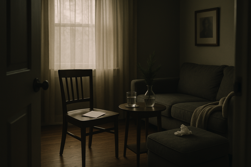 A quiet living room after a memorial; an empty chair, folded program, and lilies sit in soft afternoon window light.
