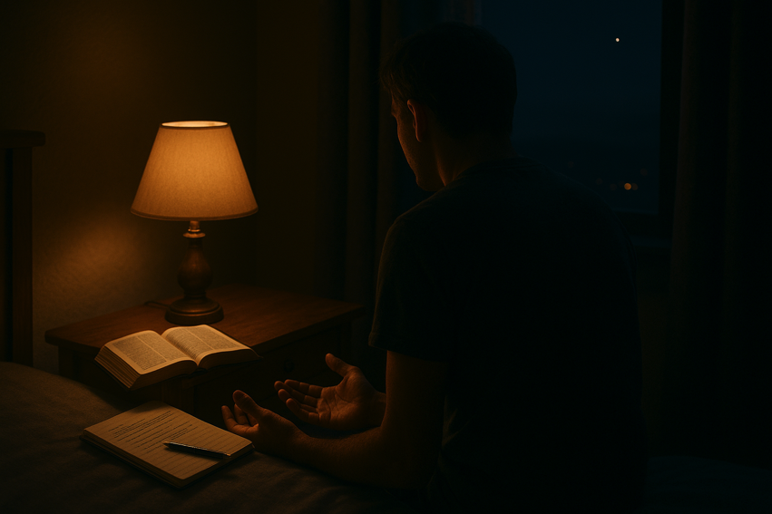 At 2 a.m., a nightstand lamp glows over an open Bible and a journal; a person sits at the bed’s edge, hands open.