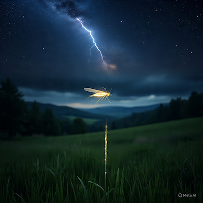 A lightning bug glows softly above a dew-covered blade of grass, while in the background storm clouds flash with lightning beneath a star-strewn sky that fades into distant galaxies.