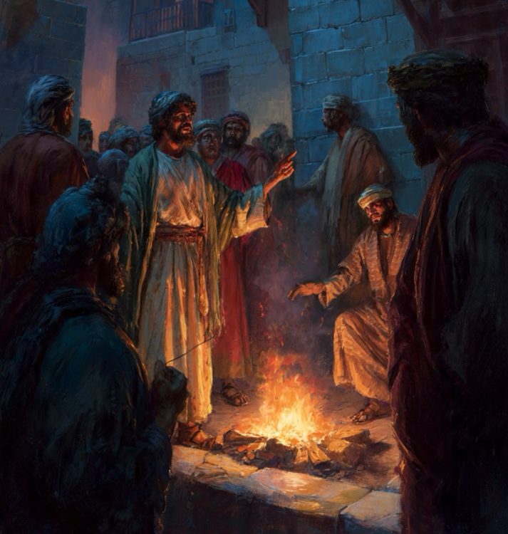 Peter denies Jesus by the fire in the courtyard