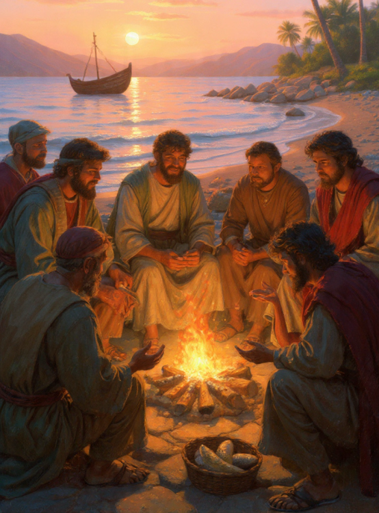 Jesus and Peter sit by a morning fire at the Sea of Galilee