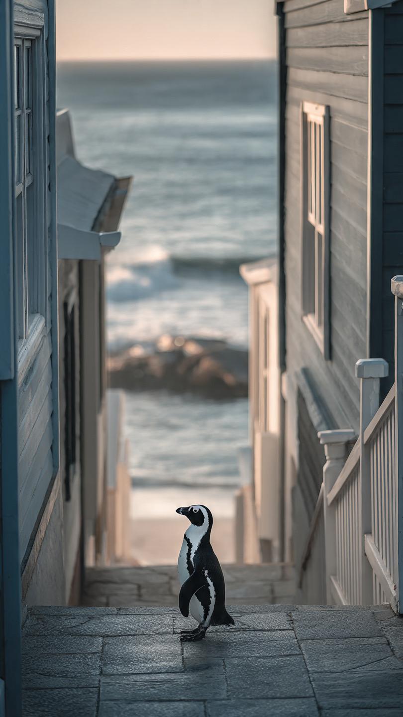 African penguin parent feeding its chick near vacant beach chairs and closed seaside cafés, symbolizing nature’s calm provision during the pandemic pause.