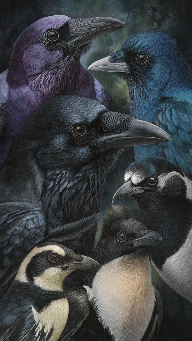 Corvids such as crows and ravens, representing the wider crow family