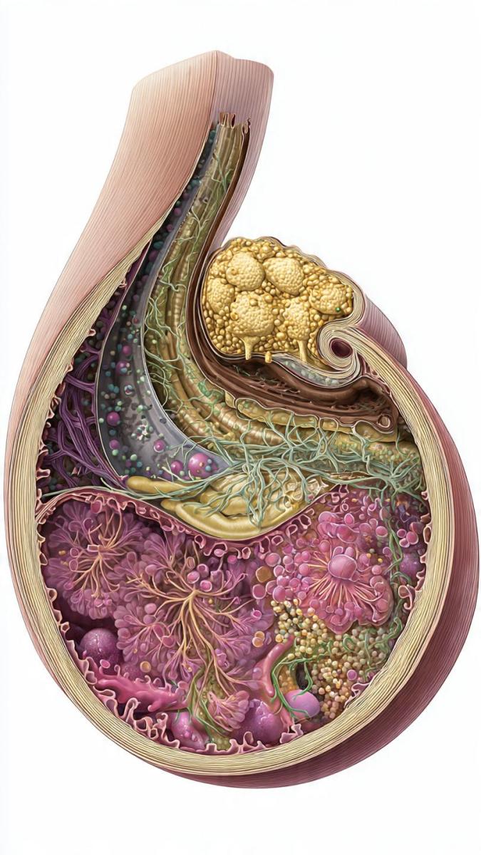 Cross-section illustration of the human stomach showing the inner lining and gastric glands.