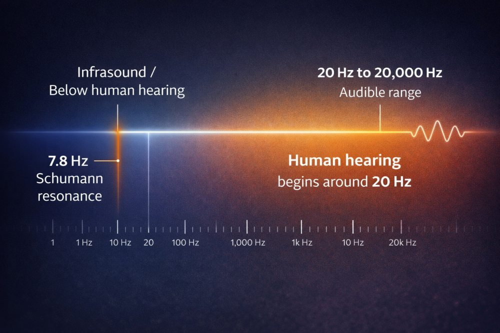 Scale showing where the human resonance frequency resides in comparison to human hearing.