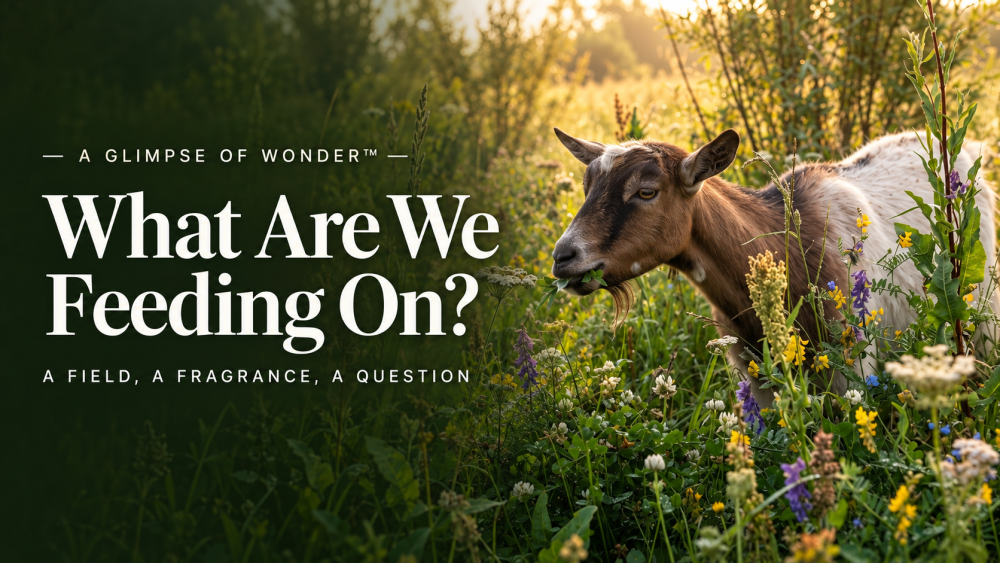 A goat walks through a field and eats what is there.